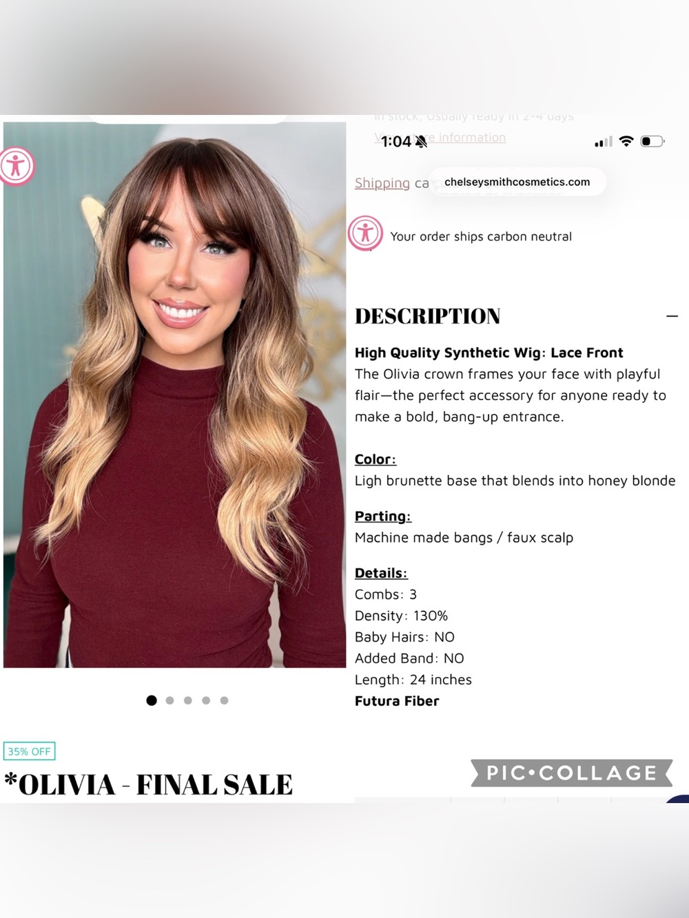 CCS Olivia Synthetic Wig - Light Brunette to Blonde Ombre with Bangs